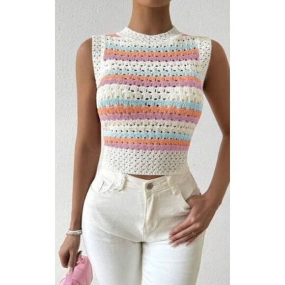 Multicolor Contrast Stripe Hollow Out Sleeveless Knitted Top - Picture 5 of 5